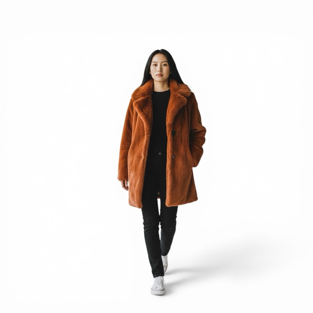 Sam Edelman Rust Faux Fur Teddy Coat Size M Cozy Plush Winter Jacket